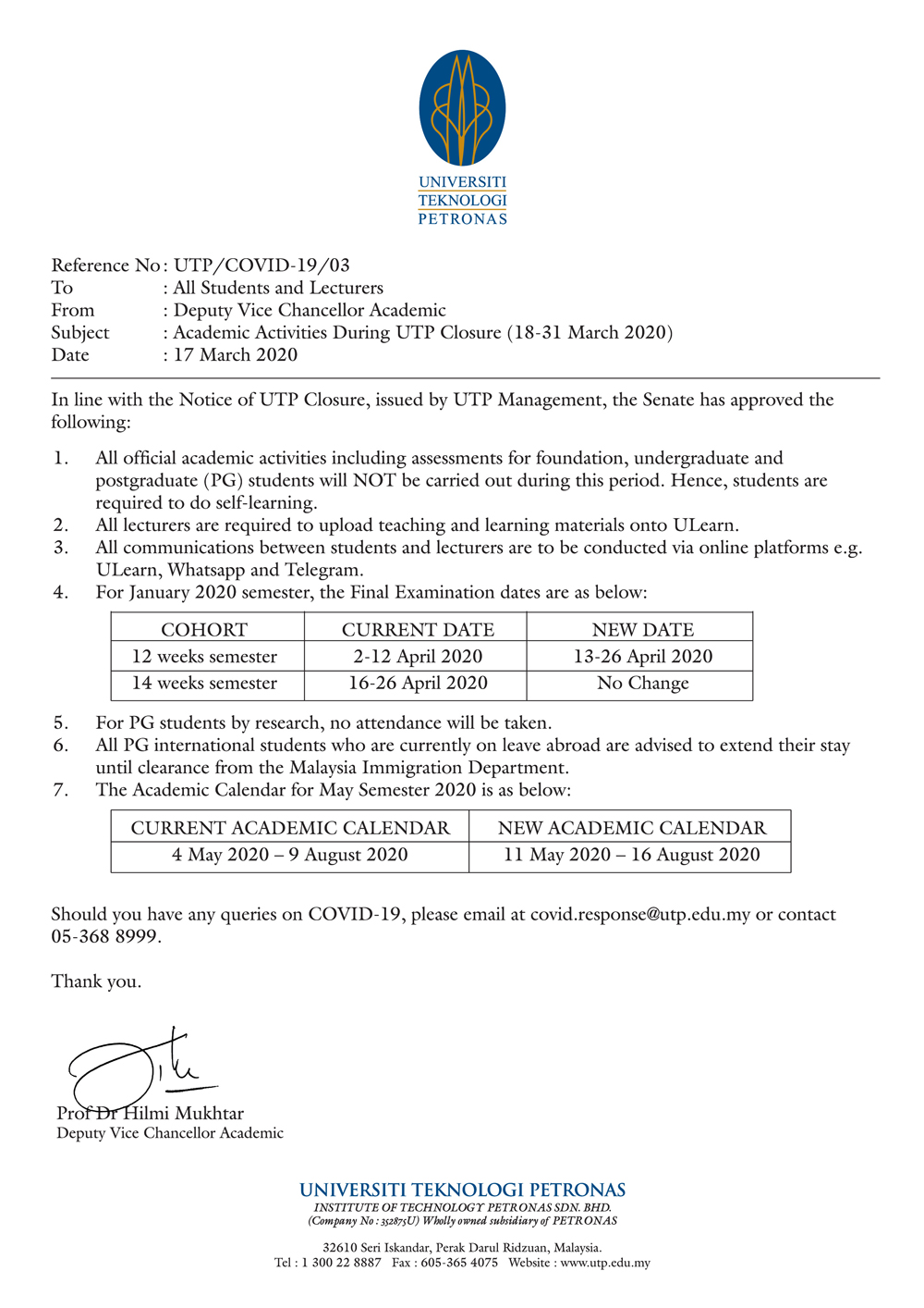 UTP Academic Activities During UTP Closure (18 - 31 March 2020)