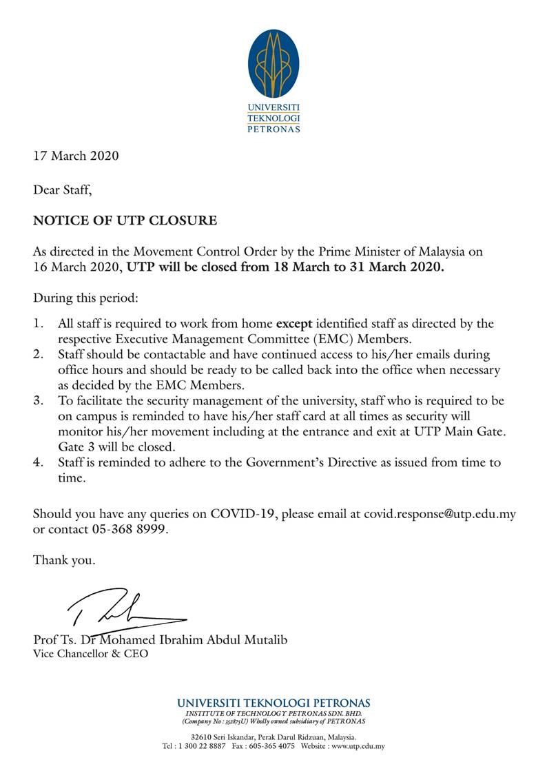 COVID-19 - Notice of UTP Closure for Staff.jpg
