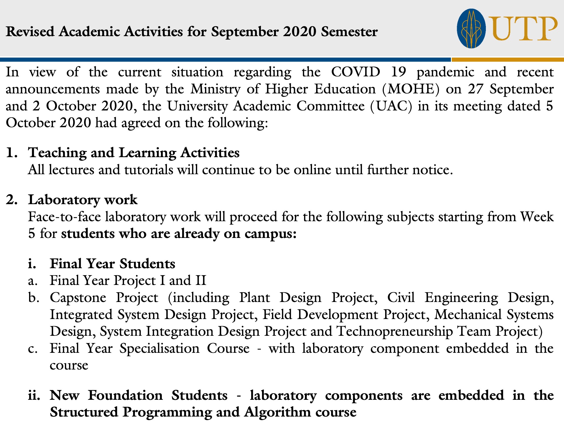 UTP Revised Academic Activities for September 2020 Semester